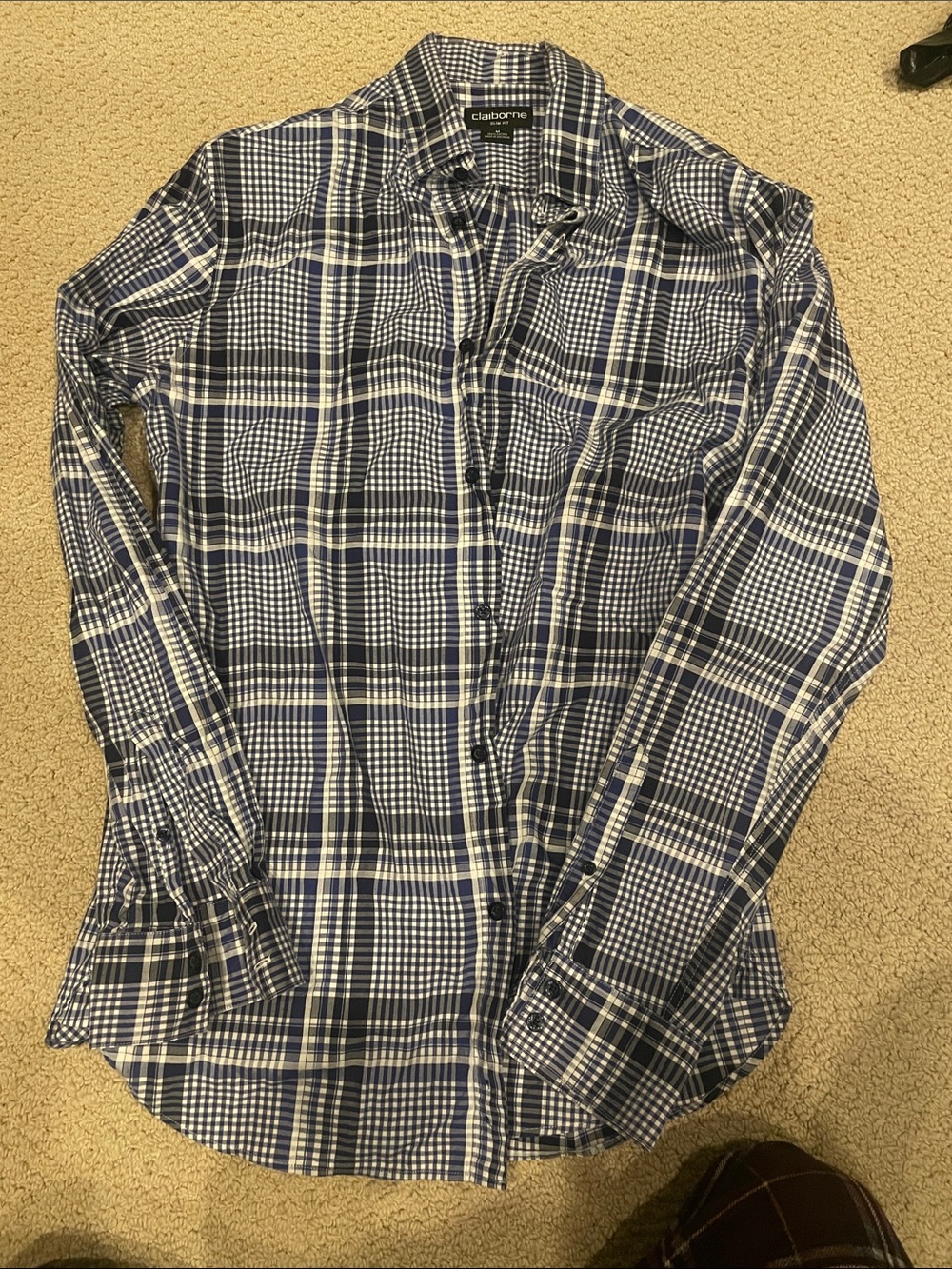Claiborne Men’s Navy and White Plaid Button-Down Shirt